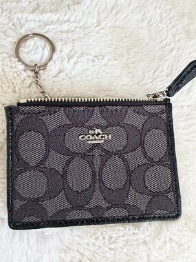 Coach Mini Skinny ID Case Black Smoke Signature Coated Canvas Minimalist Wallet